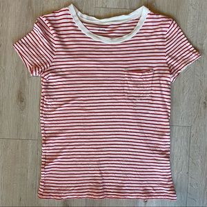 Madewell Red and White Striped Crew Neck Whisper Pocket Tee